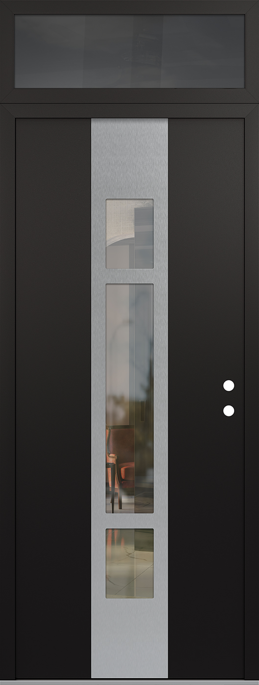 Modern Steel Front Door DIAMOND A9 36" X 96" BLACK/BLACK CLEAR GLASS PANEL STAINLESS STEEL LHI WITH TRANSOM MIRRORED GLASS