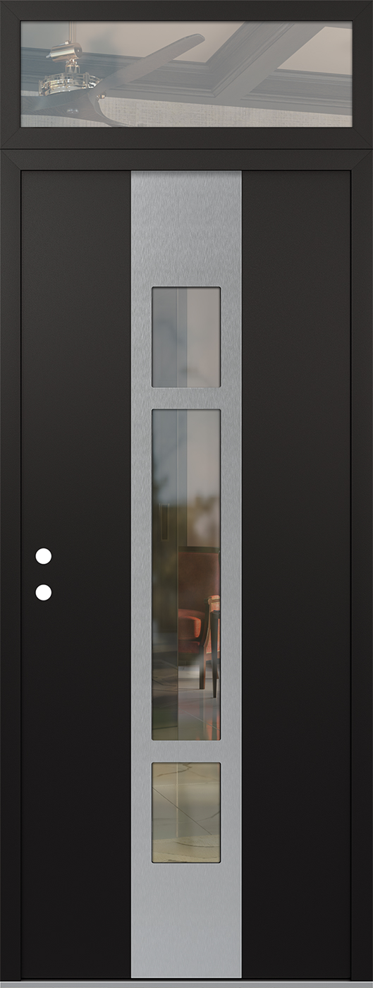 Modern Steel Front Door DIAMOND A9 36" X 96" BLACK/BLACK CLEAR GLASS PANEL STAINLESS STEEL RHI WITH TRANSOM CLEAR GLASS