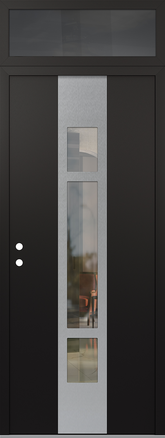 Modern Steel Front Door DIAMOND A9 36" X 96" BLACK/BLACK CLEAR GLASS PANEL STAINLESS STEEL RHI WITH TRANSOM MIRRORED GLASS