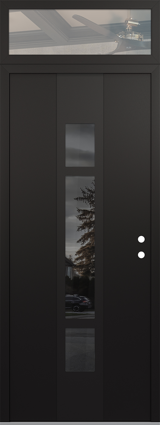 Modern Steel Front Door DIAMOND A9 36" X 96" BLACK/BLACK MIRRORED GLASS PANEL BLACK LHI WITH TRANSOM CLEAR GLASS