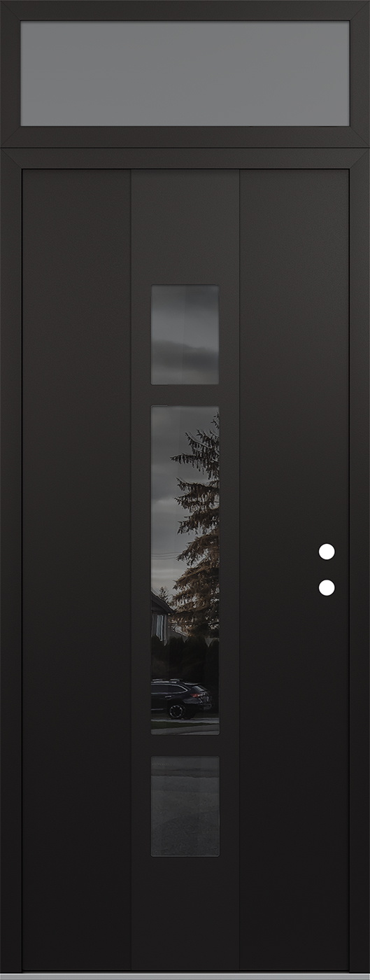Modern Steel Front Door DIAMOND A9 36" X 96" BLACK/BLACK MIRRORED GLASS PANEL BLACK LHI WITH TRANSOM FROSTED GLASS