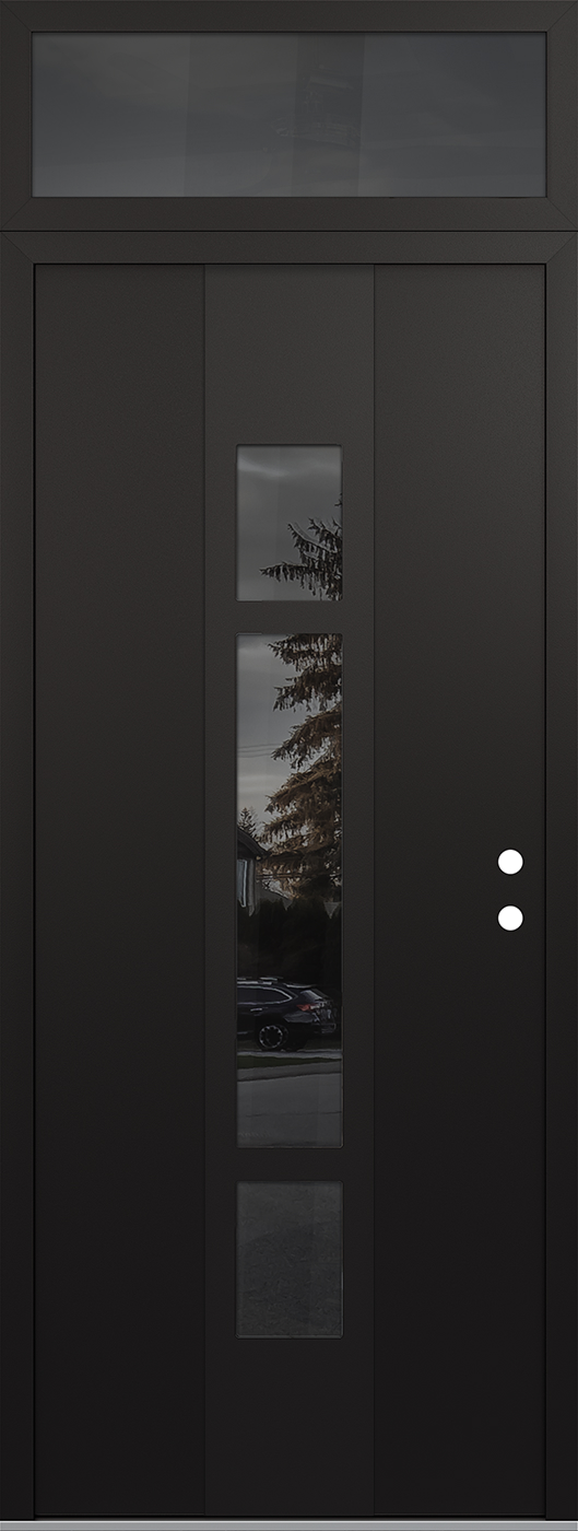 Modern Steel Front Door DIAMOND A9 36" X 96" BLACK/BLACK MIRRORED GLASS PANEL BLACK LHI WITH TRANSOM MIRRORED GLASS