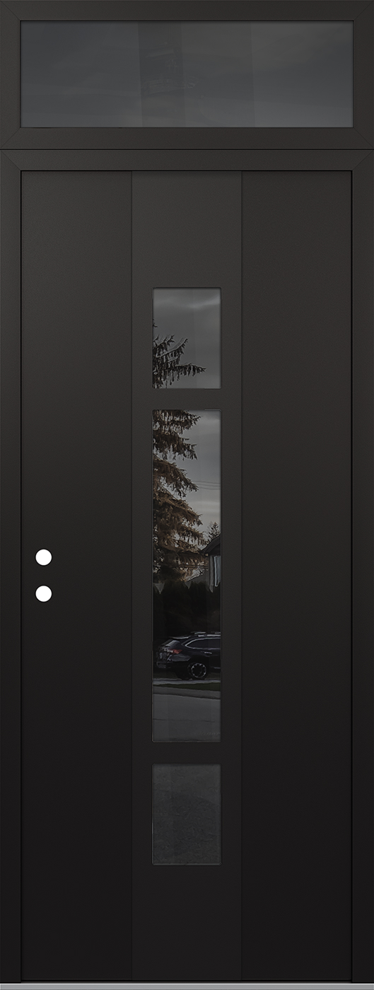 Modern Steel Front Door DIAMOND A9 36" X 96" BLACK/BLACK MIRRORED GLASS PANEL BLACK RHI WITH TRANSOM MIRRORED GLASS