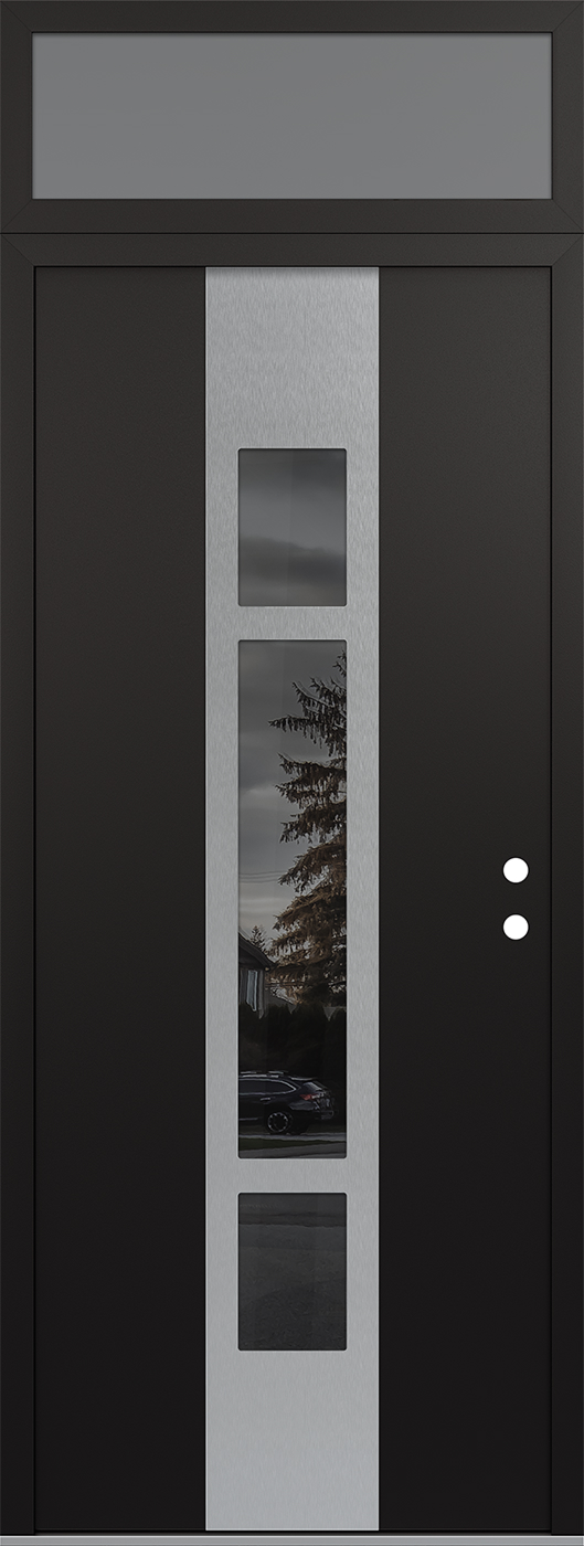 Modern Steel Front Door DIAMOND A9 36" X 96" BLACK/BLACK MIRRORED GLASS PANEL STAINLESS STEEL LHI WITH TRANSOM FROSTED GLASS