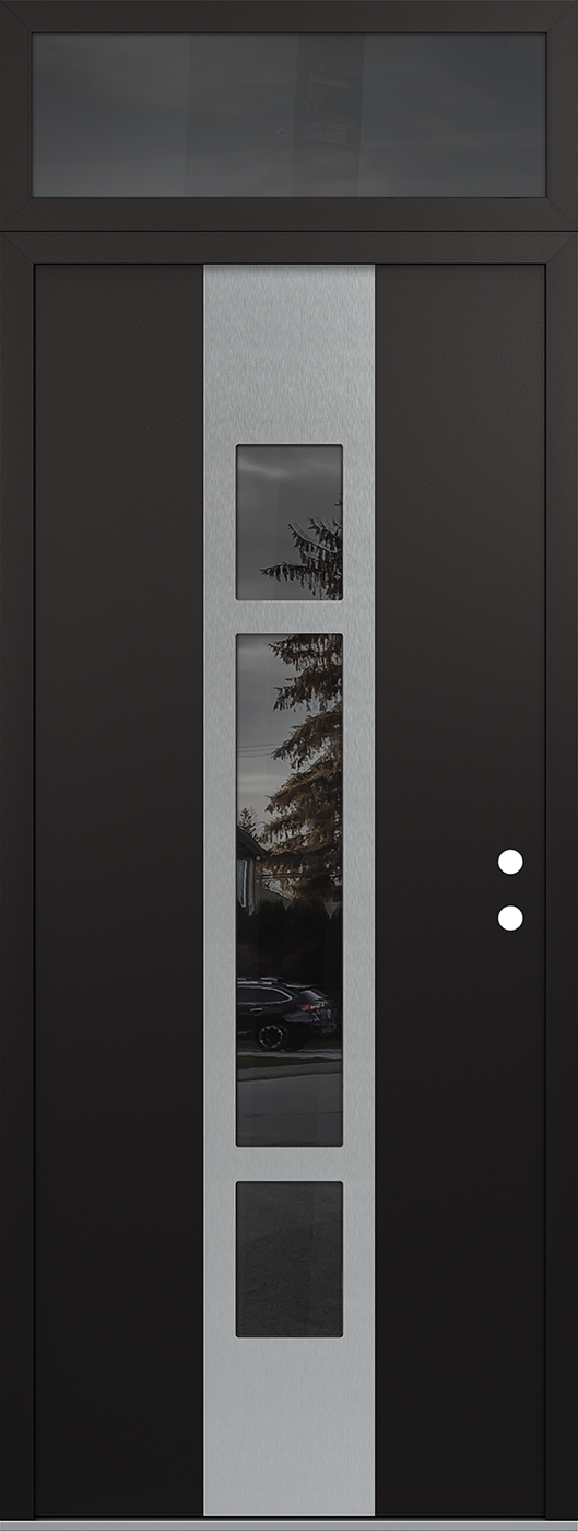 Modern Steel Front Door DIAMOND A9 36" X 96" BLACK/BLACK MIRRORED GLASS PANEL STAINLESS STEEL LHI WITH TRANSOM MIRRORED GLASS