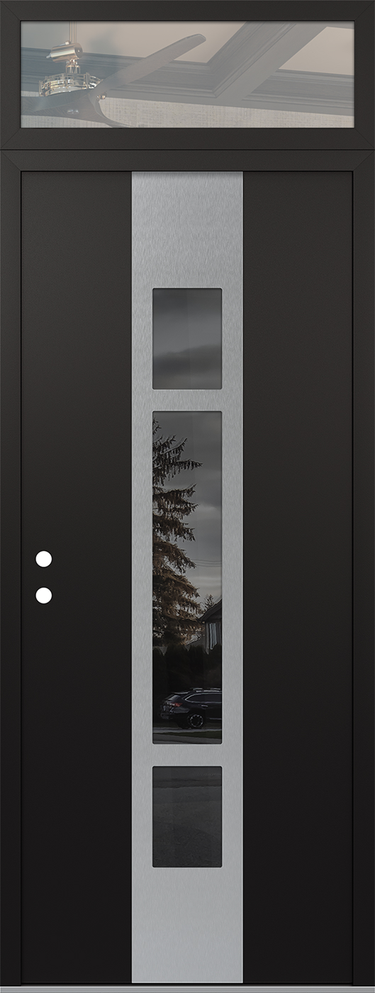 Modern Steel Front Door DIAMOND A9 36" X 96" BLACK/BLACK MIRRORED GLASS PANEL STAINLESS STEEL RHI WITH TRANSOM CLEAR GLASS