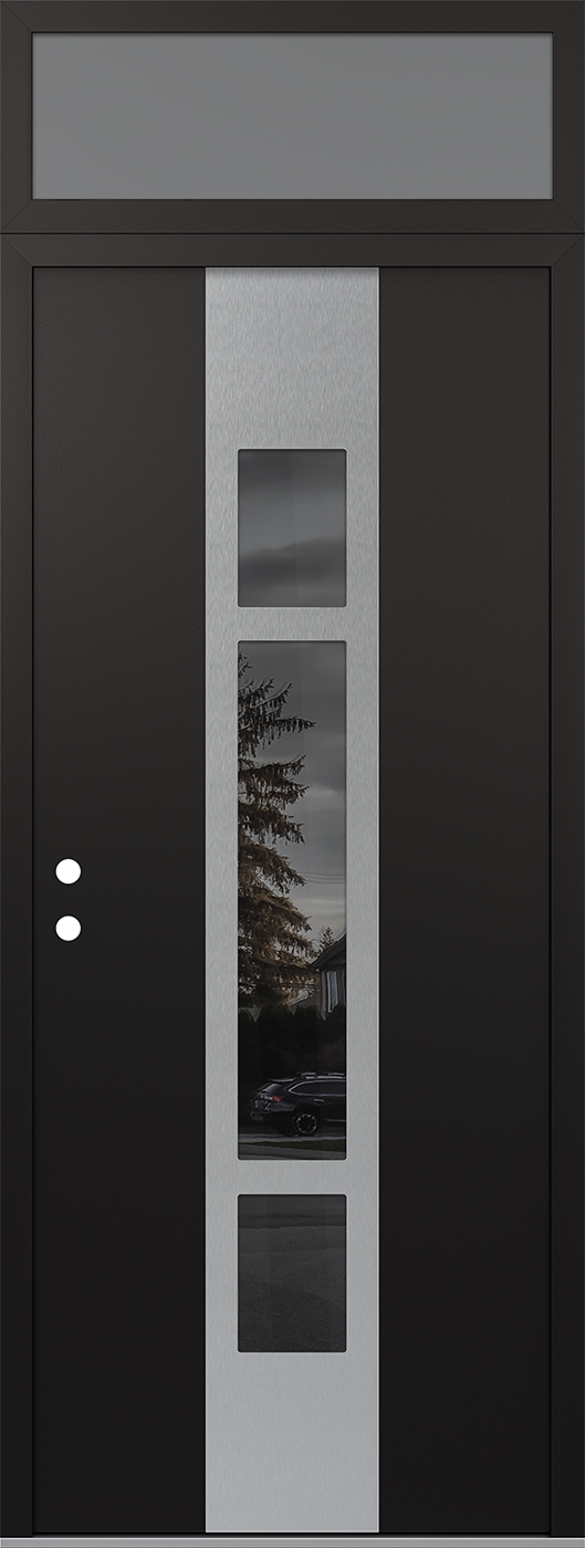 Modern Steel Front Door DIAMOND A9 36" X 96" BLACK/BLACK MIRRORED GLASS PANEL STAINLESS STEEL RHI WITH TRANSOM FROSTED GLASS
