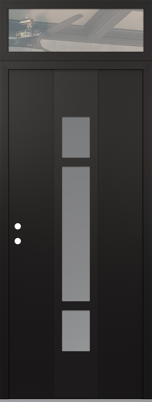 Modern Steel Front Door DIAMOND A9 36" X 96" BLACK/WHITE FROSTED GLASS PANEL BLACK RHI WITH TRANSOM CLEAR GLASS