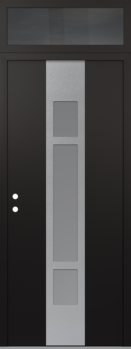 Modern Steel Front Door DIAMOND A9 36" X 96" BLACK/WHITE FROSTED GLASS PANEL STAINLESS STEEL RHI WITH TRANSOM MIRRORED GLASS