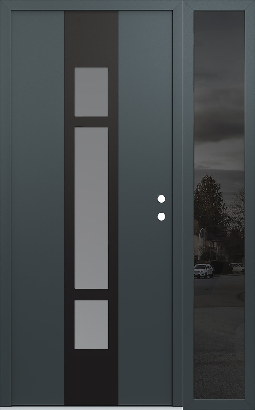 Modern Steel Front Door DIAMOND A9 48" X 80" ANTHRACITE/ANTHRACITE FROSTED GLASS PANEL BLACK LHI WITH SIDELITE MIRRORED GLASS