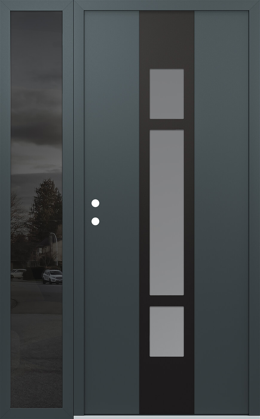 Modern Steel Front Door DIAMOND A9 48" X 80" ANTHRACITE/ANTHRACITE FROSTED GLASS PANEL BLACK RHI WITH SIDELITE MIRRORED GLASS
