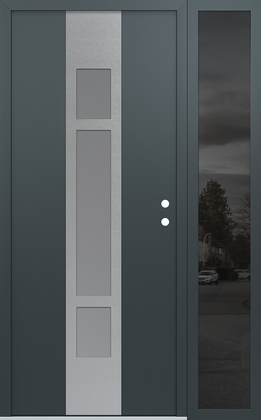 Modern Steel Front Door DIAMOND A9 48" X 80" ANTHRACITE/ANTHRACITE FROSTED GLASS PANEL STAINLESS STEEL LHI WITH SIDELITE MIRRORED GLASS