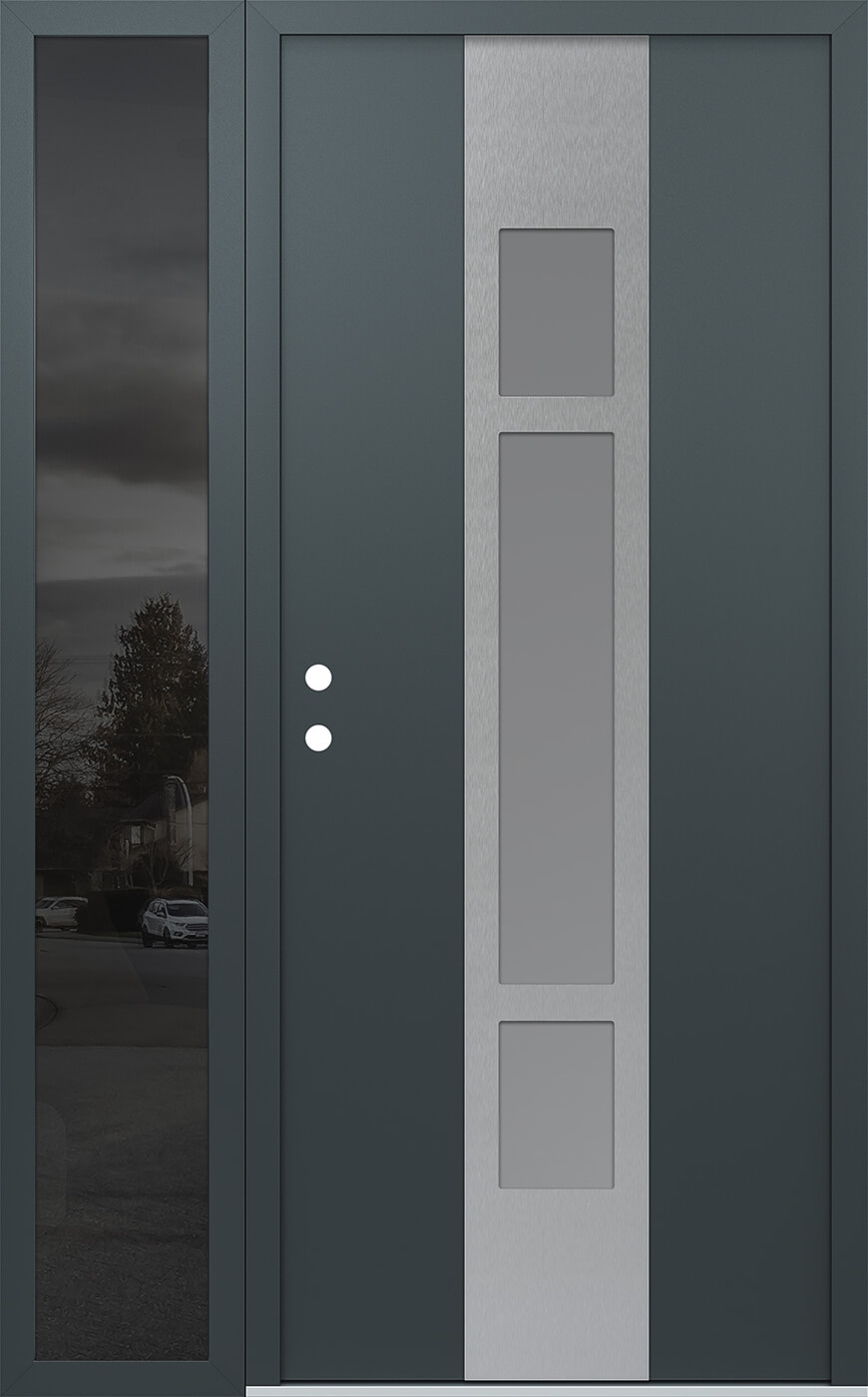 Modern Steel Front Door DIAMOND A9 48" X 80" ANTHRACITE/ANTHRACITE FROSTED GLASS PANEL STAINLESS STEEL RHI WITH SIDELITE MIRRORED GLASS