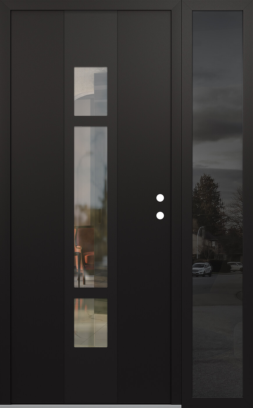 Modern Steel Front Door DIAMOND A9 48" X 80" BLACK/BLACK CLEAR GLASS PANEL BLACK LHI WITH SIDELITE MIRRORED GLASS