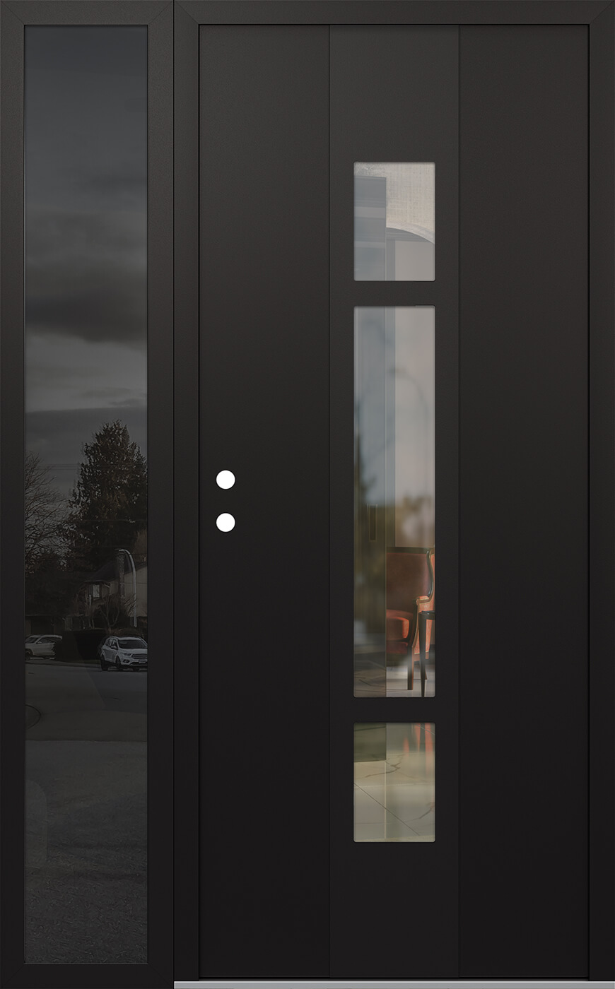Modern Steel Front Door DIAMOND A9 48" X 80" BLACK/BLACK CLEAR GLASS PANEL BLACK RHI WITH SIDELITE MIRRORED GLASS