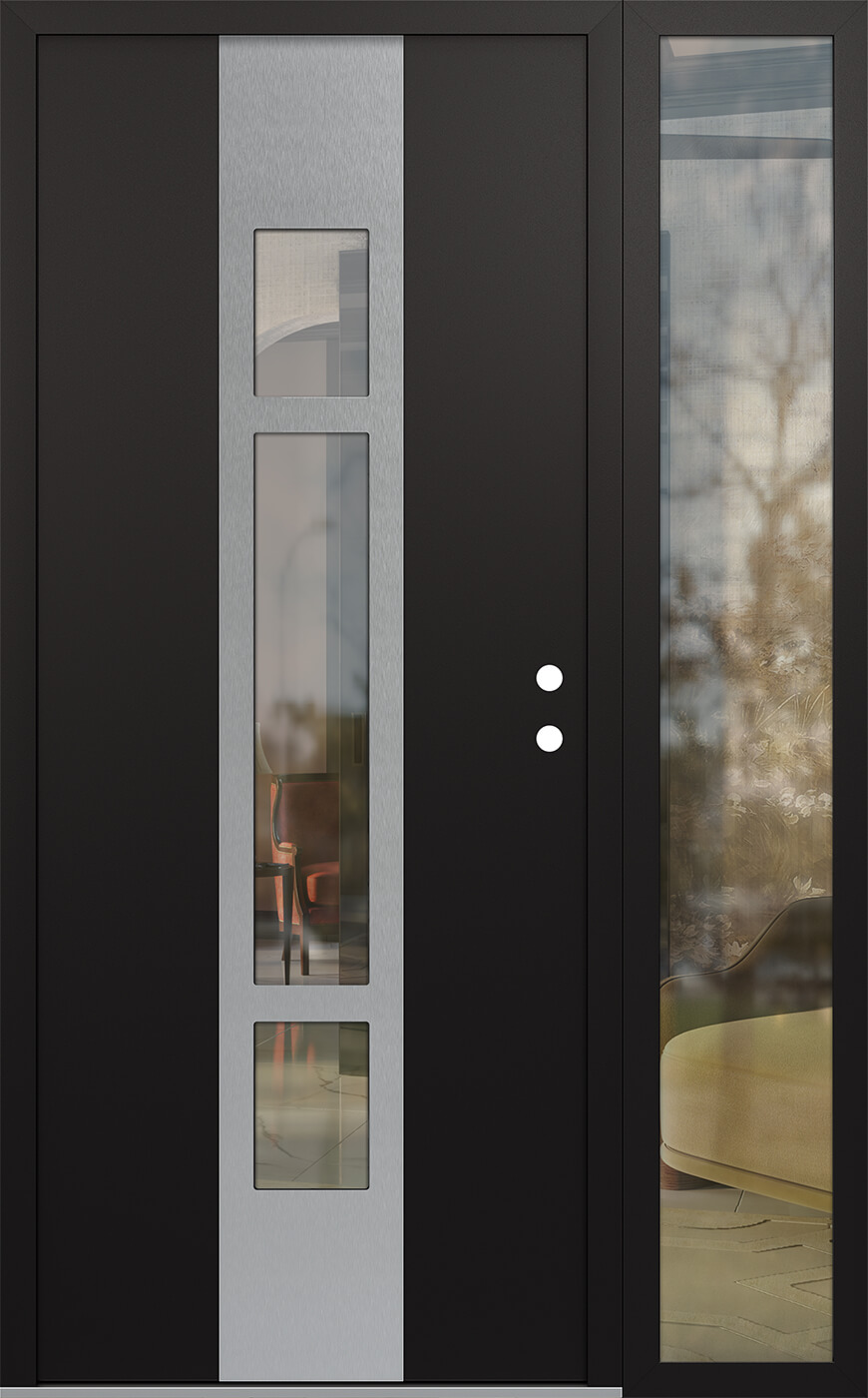 Modern Steel Front Door DIAMOND A9 48" X 80" BLACK/BLACK CLEAR GLASS PANEL STAINLESS STEEL LHI WITH SIDELITE CLEAR GLASS