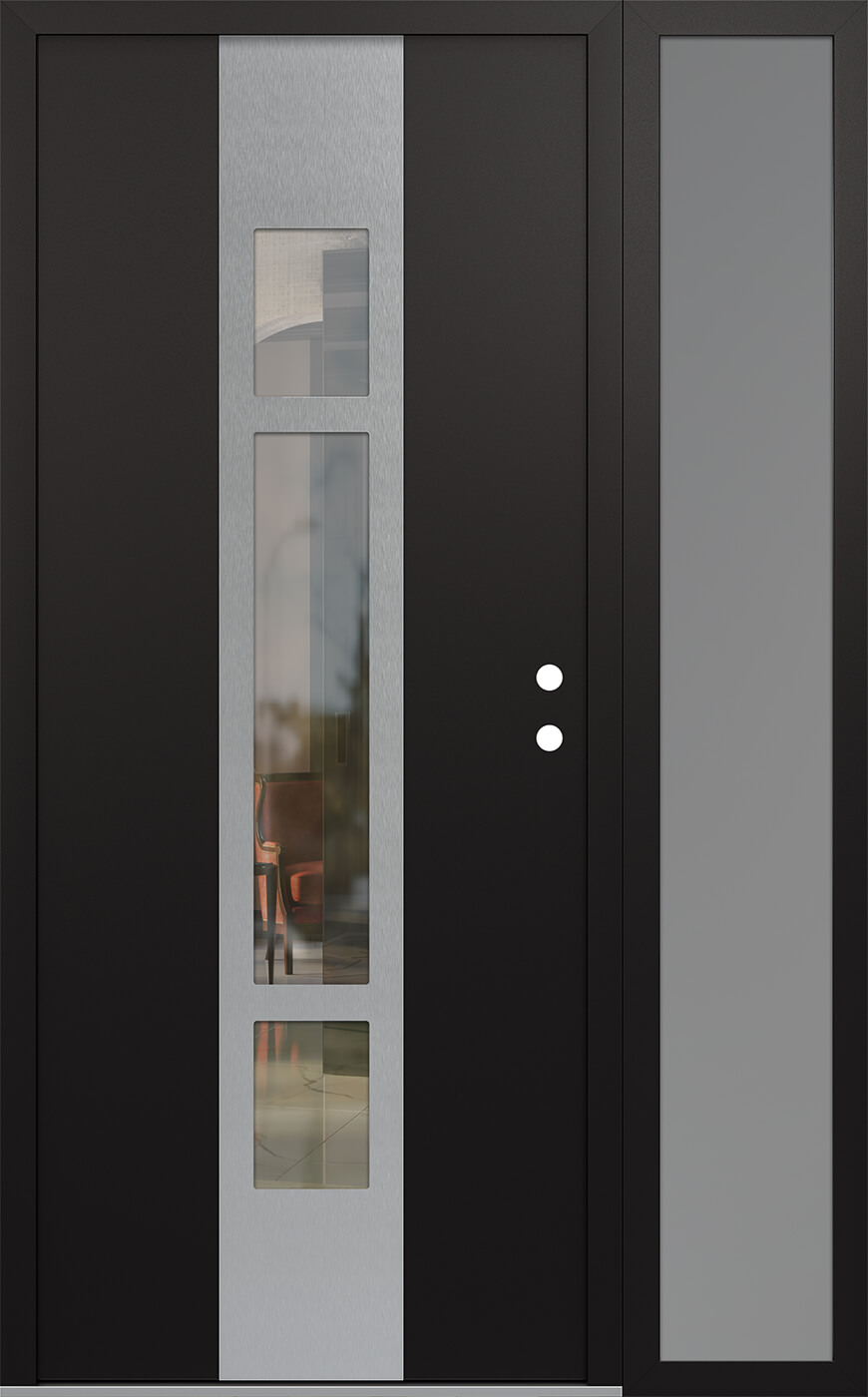 Modern Steel Front Door DIAMOND A9 48" X 80" BLACK/BLACK CLEAR GLASS PANEL STAINLESS STEEL LHI WITH SIDELITE FROSTED GLASS