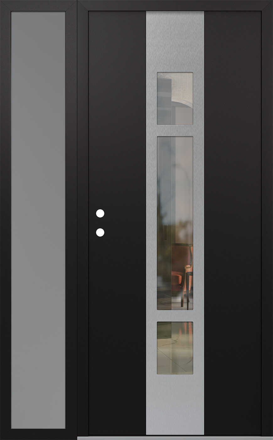 Modern Steel Front Door DIAMOND A9 48" X 80" BLACK/BLACK CLEAR GLASS PANEL STAINLESS STEEL RHI WITH SIDELITE FROSTED GLASS