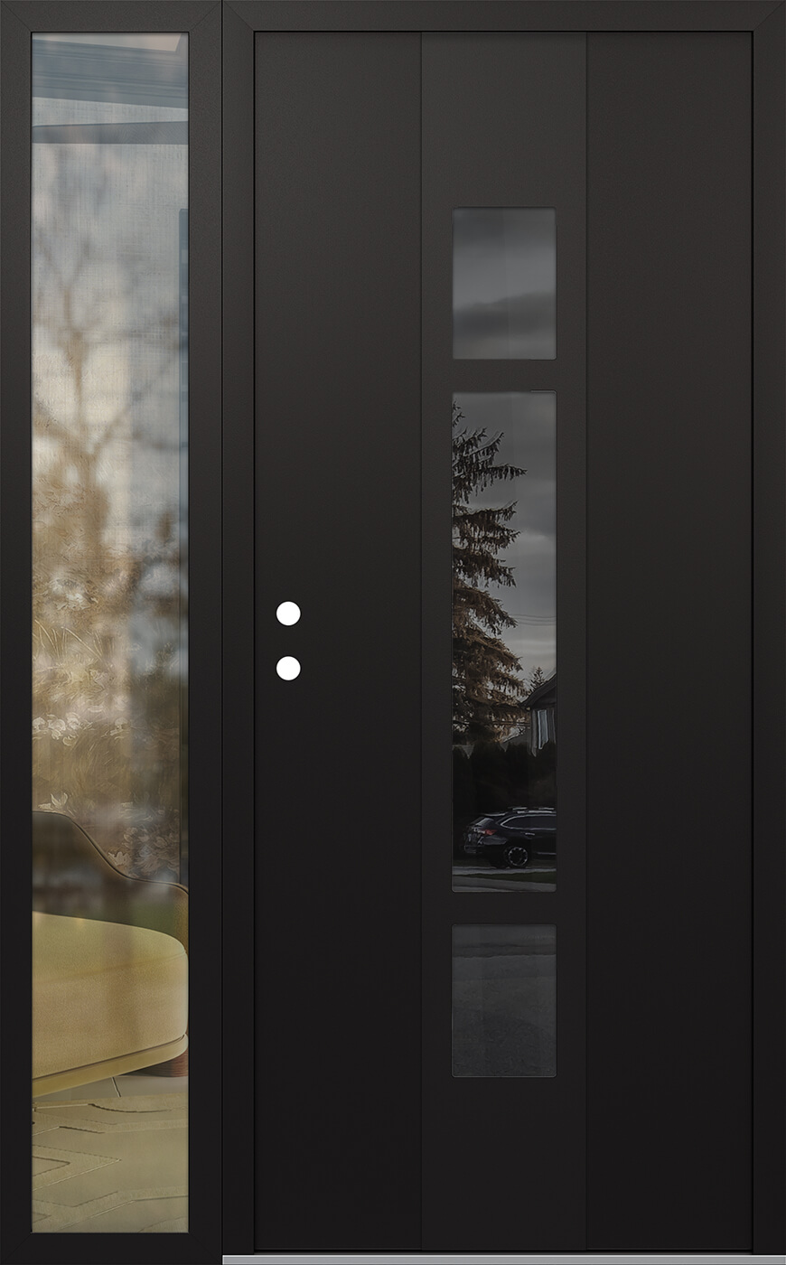Modern Steel Front Door DIAMOND A9 48" X 80" BLACK/BLACK MIRRORED GLASS PANEL BLACK RHI WITH SIDELITE CLEAR GLASS