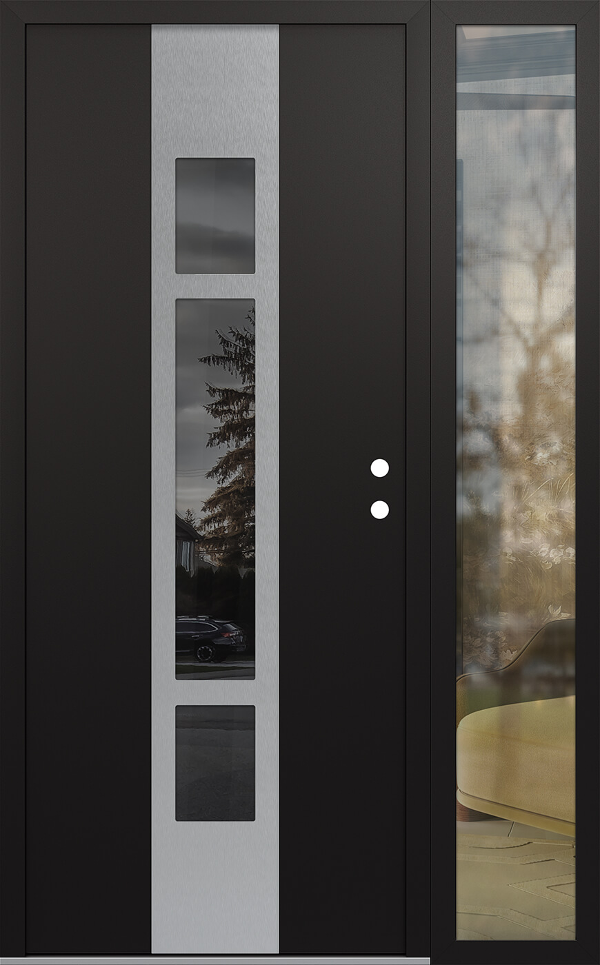 Modern Steel Front Door DIAMOND A9 48" X 80" BLACK/BLACK MIRRORED GLASS PANEL STAINLESS STEEL LHI WITH SIDELITE CLEAR GLASS