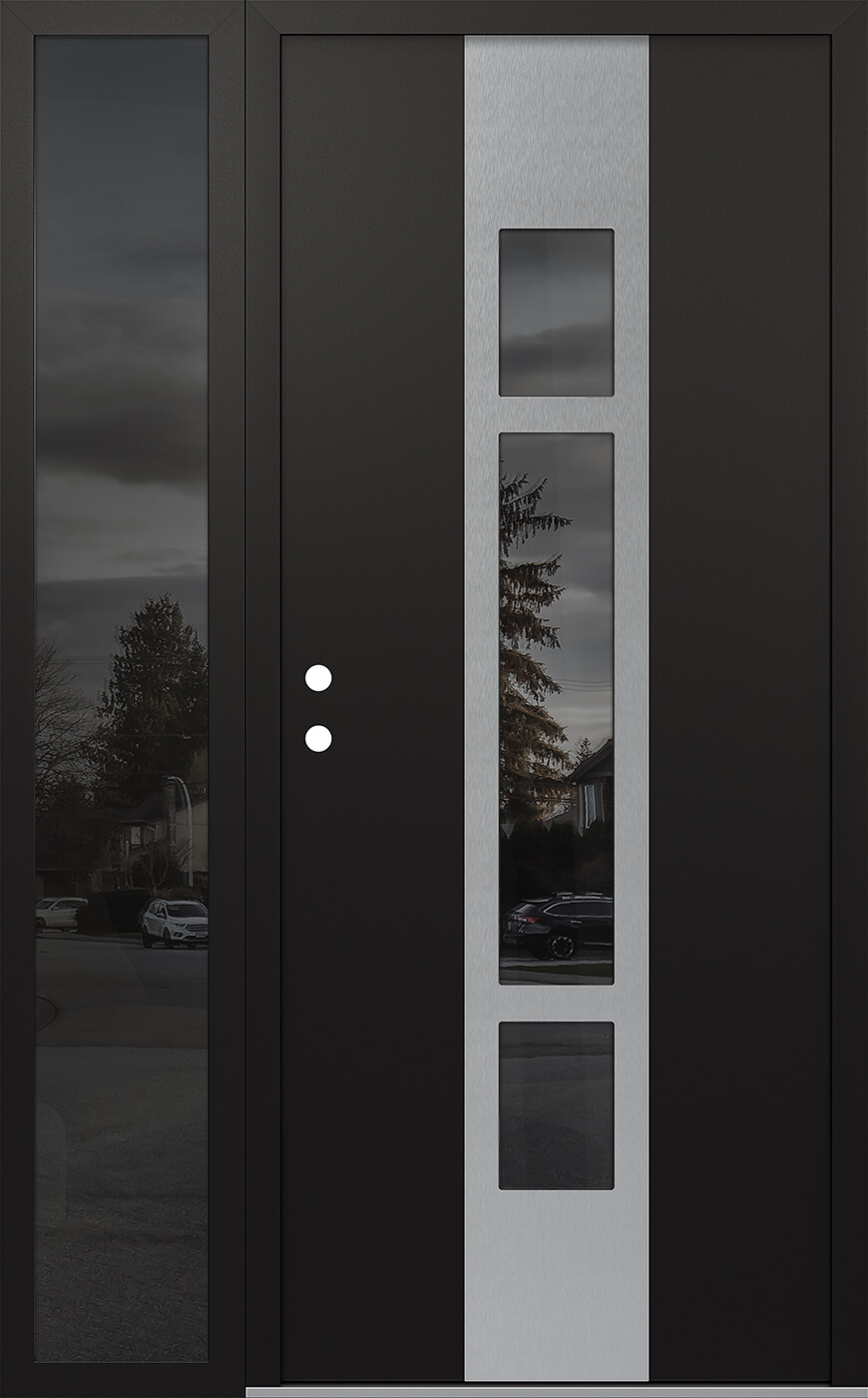 Modern Steel Front Door DIAMOND A9 48" X 80" BLACK/BLACK MIRRORED GLASS PANEL STAINLESS STEEL RHI WITH SIDELITE MIRRORED GLASS