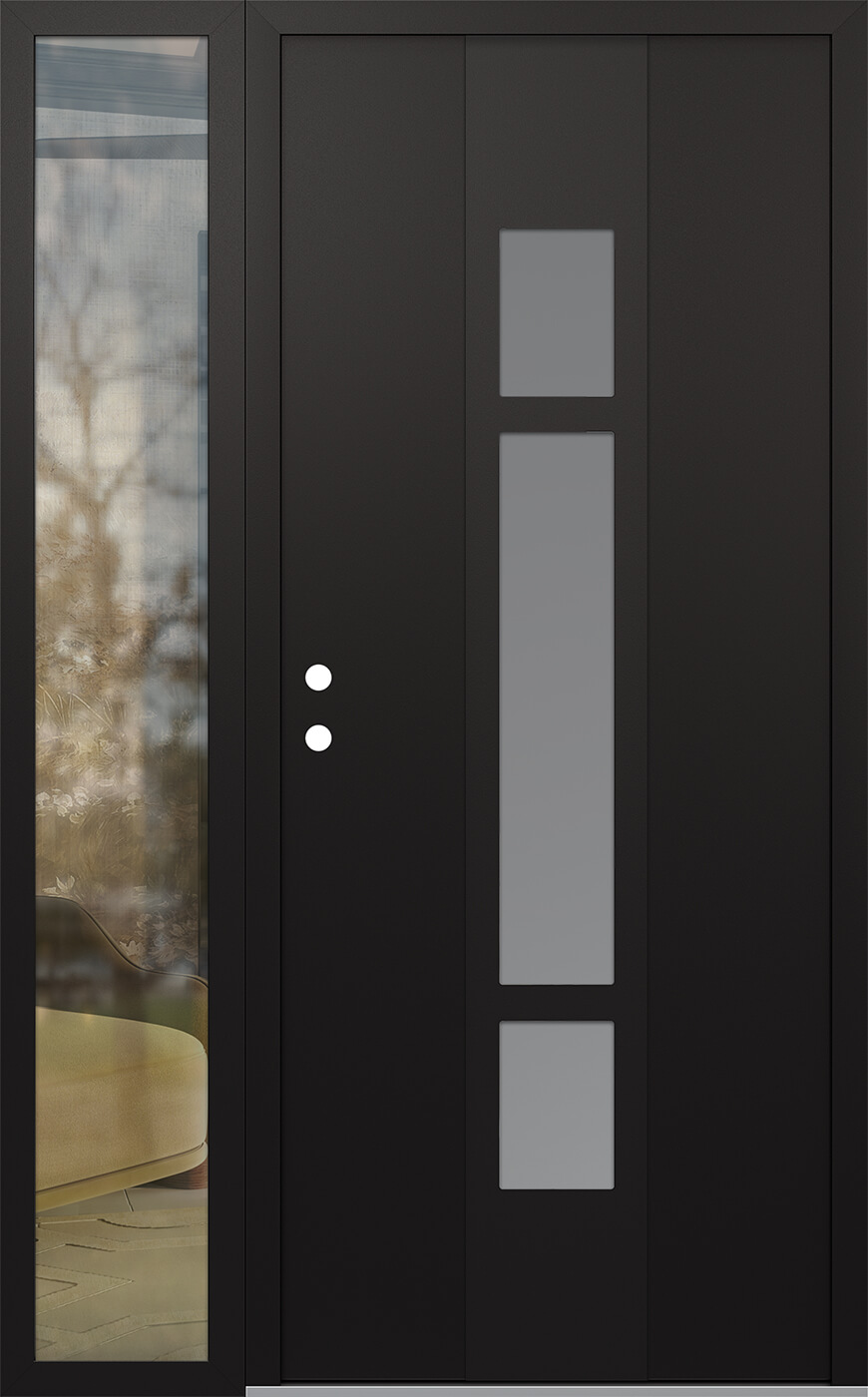 Modern Steel Front Door DIAMOND A9 48" X 80" BLACK/WHITE FROSTED GLASS PANEL BLACK RHI WITH SIDELITE CLEAR GLASS