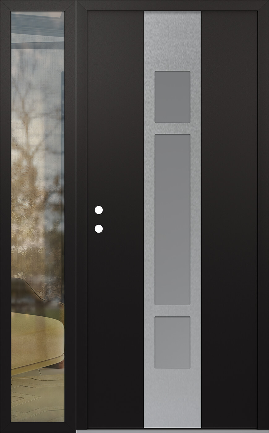 Modern Steel Front Door DIAMOND A9 48" X 80" BLACK/WHITE FROSTED GLASS PANEL STAINLESS STEEL RHI WITH SIDELITE CLEAR GLASS