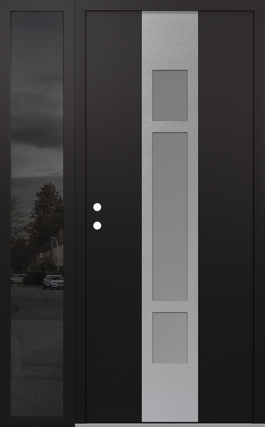 Modern Steel Front Door DIAMOND A9 48" X 80" BLACK/WHITE FROSTED GLASS PANEL STAINLESS STEEL RHI WITH SIDELITE MIRRORED GLASS
