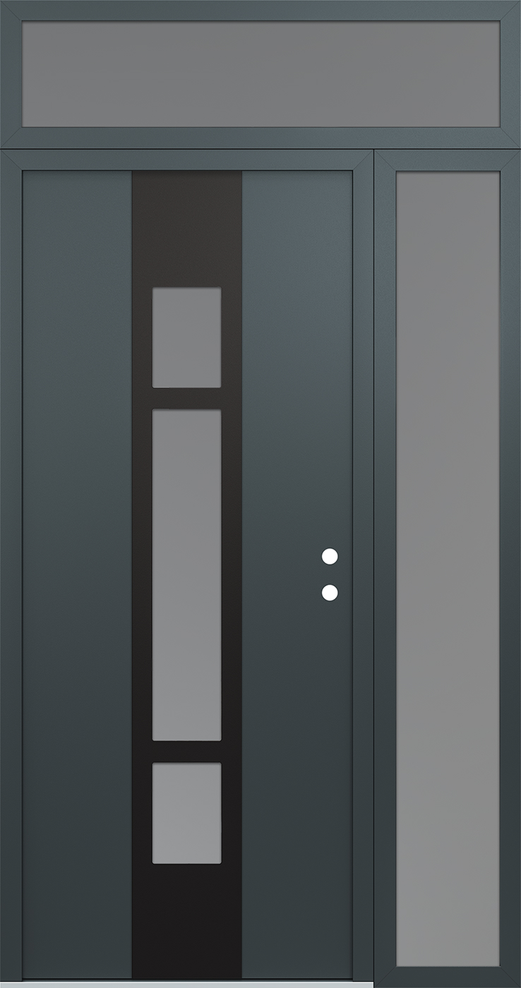 Modern Steel Front Door DIAMOND A9 48" X 96" ANTHRACITE/ANTHRACITE FROSTED GLASS PANEL BLACK LHI WITH SIDELITE AND TRANSOM FROSTED GLASS
