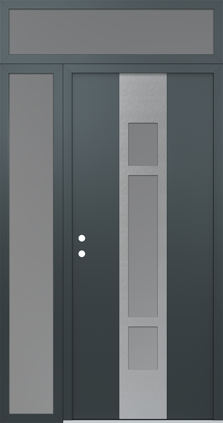 Modern Steel Front Door DIAMOND A9 48" X 96" ANTHRACITE/ANTHRACITE FROSTED GLASS PANEL STAINLESS STEEL RHI WITH SIDELITE AND TRANSOM FROSTED GLASS