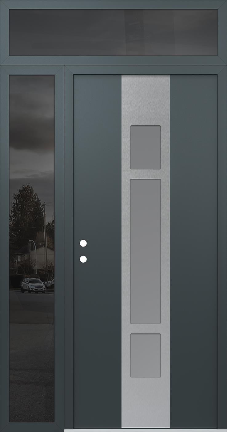 Modern Steel Front Door DIAMOND A9 48" X 96" ANTHRACITE/ANTHRACITE FROSTED GLASS PANEL STAINLESS STEEL RHI WITH SIDELITE AND TRANSOM MIRRORED GLASS