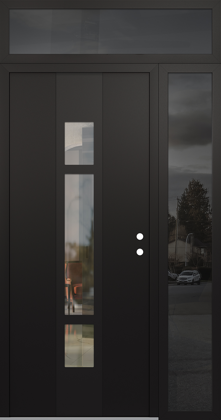 Modern Steel Front Door DIAMOND A9 48" X 96" BLACK/BLACK CLEAR GLASS PANEL BLACK LHI WITH SIDELITE AND TRANSOM MIRRORED GLASS