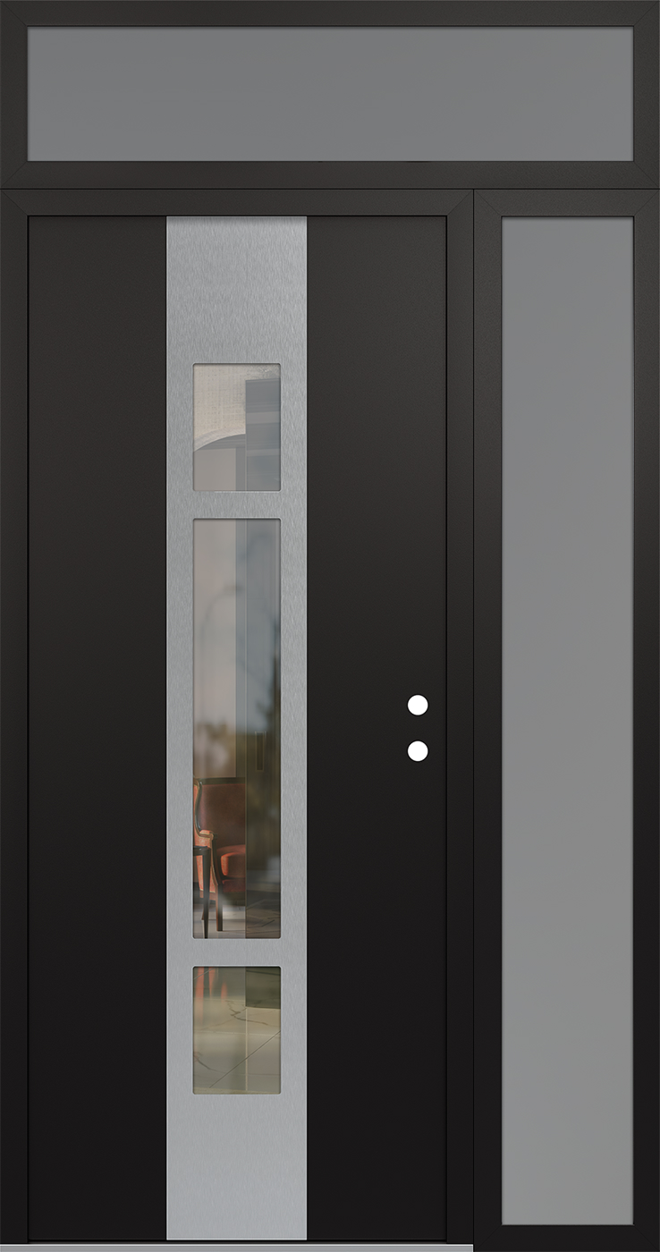 Modern Steel Front Door DIAMOND A9 48" X 96" BLACK/BLACK CLEAR GLASS PANEL STAINLESS STEEL LHI WITH SIDELITE AND TRANSOM FROSTED GLASS
