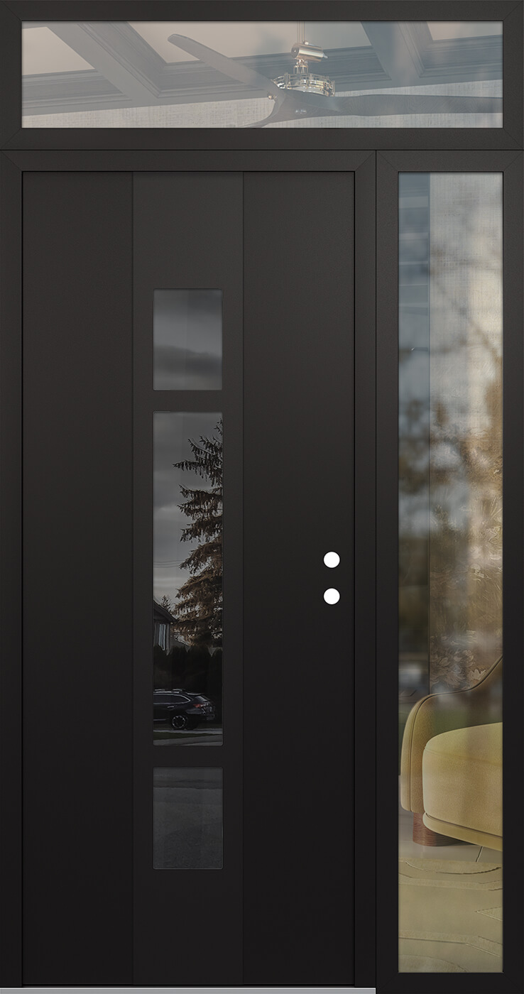 Modern Steel Front Door DIAMOND A9 48" X 96" BLACK/BLACK MIRRORED GLASS PANEL BLACK LHI WITH SIDELITE AND TRANSOM CLEAR GLASS