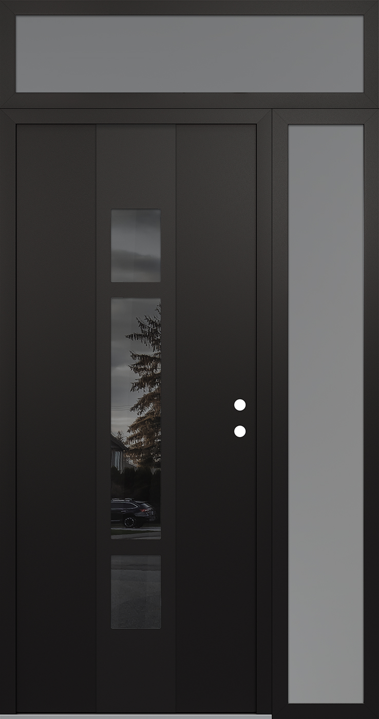 Modern Steel Front Door DIAMOND A9 48" X 96" BLACK/BLACK MIRRORED GLASS PANEL BLACK LHI WITH SIDELITE AND TRANSOM FROSTED GLASS