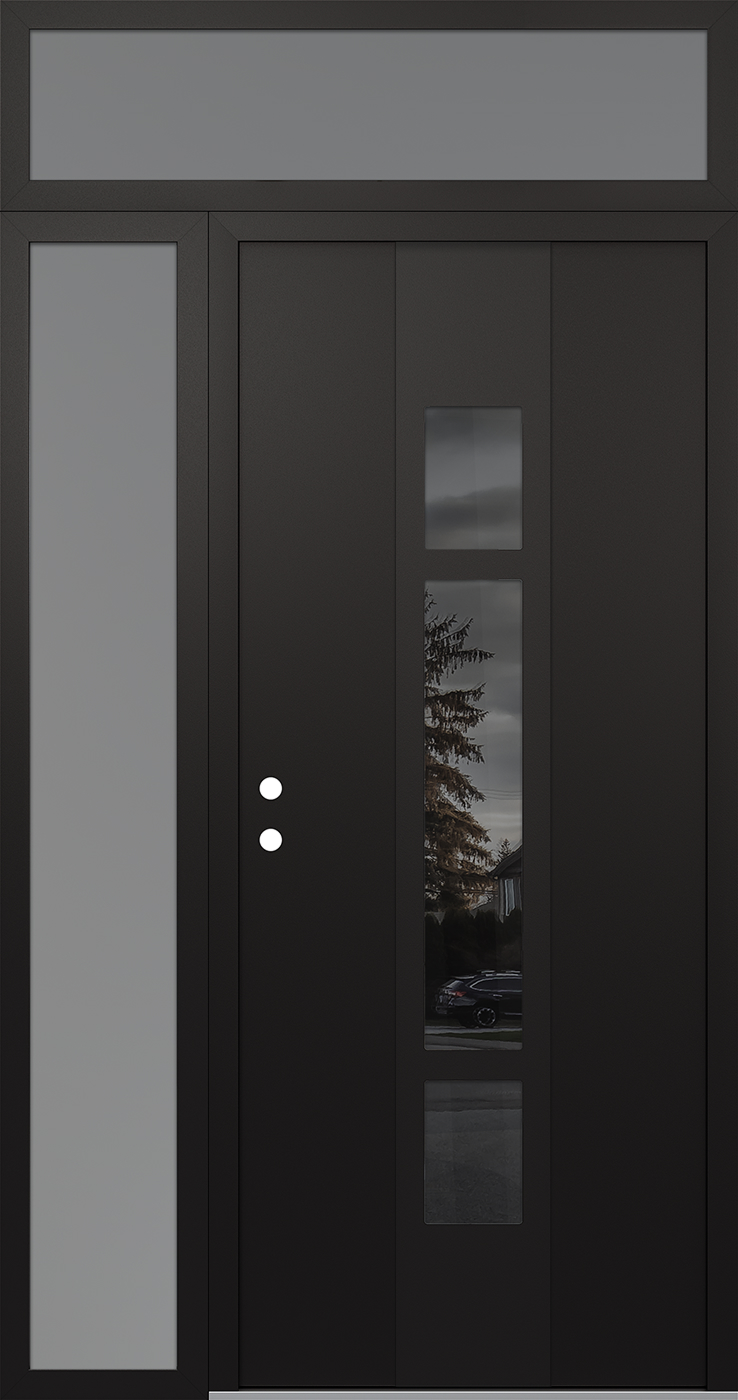 Modern Steel Front Door DIAMOND A9 48" X 96" BLACK/BLACK MIRRORED GLASS PANEL BLACK RHI WITH SIDELITE AND TRANSOM FROSTED GLASS