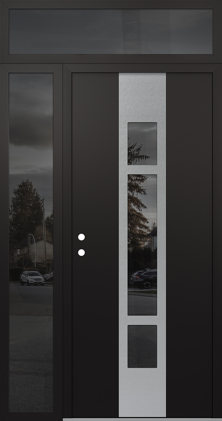 Modern Steel Front Door DIAMOND A9 48" X 96" BLACK/BLACK MIRRORED GLASS PANEL STAINLESS STEEL RHI WITH SIDELITE AND TRANSOM MIRRORED GLASS