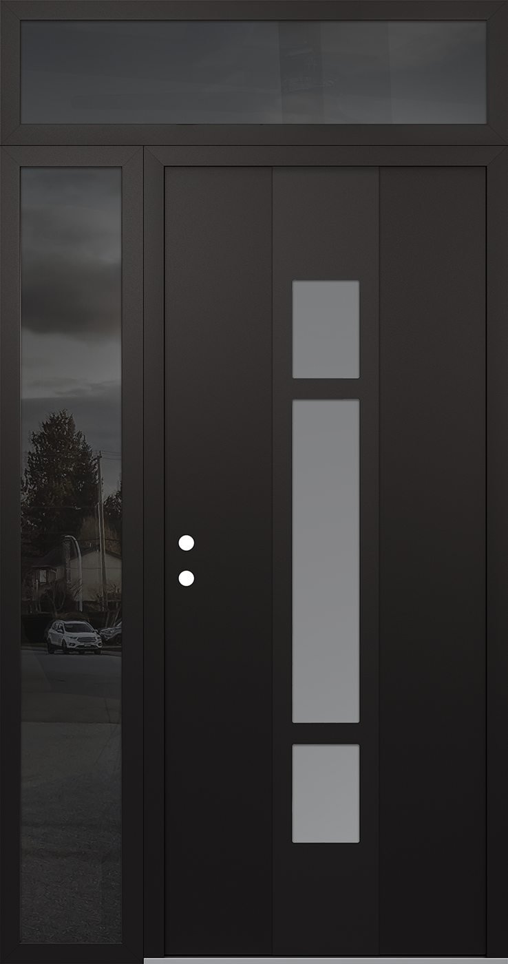 Modern Steel Front Door DIAMOND A9 48" X 96" BLACK/WHITE FROSTED GLASS PANEL BLACK RHI WITH SIDELITE AND TRANSOM MIRRORED GLASS