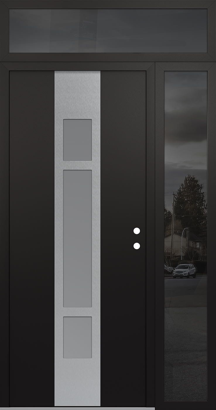 Modern Steel Front Door DIAMOND A9 48" X 96" BLACK/WHITE FROSTED GLASS PANEL STAINLESS STEEL LHI WITH SIDELITE AND TRANSOM MIRRORED GLASS