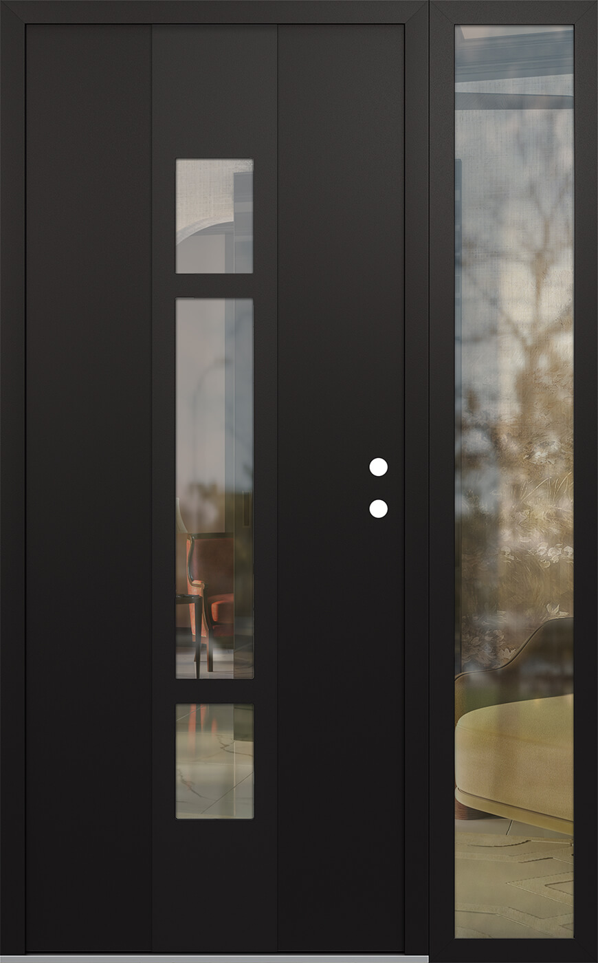 Modern Steel Front Door DIAMOND A9 50" X 80" BLACK/BLACK CLEAR GLASS PANEL BLACK LHI WITH SIDELITE CLEAR GLASS