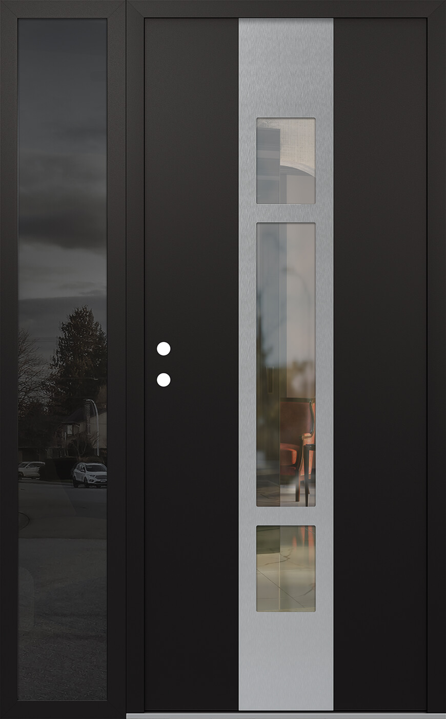 Modern Steel Front Door DIAMOND A9 50" X 80" BLACK/BLACK CLEAR GLASS PANEL STAINLESS STEEL RHI WITH SIDELITE MIRRORED GLASS