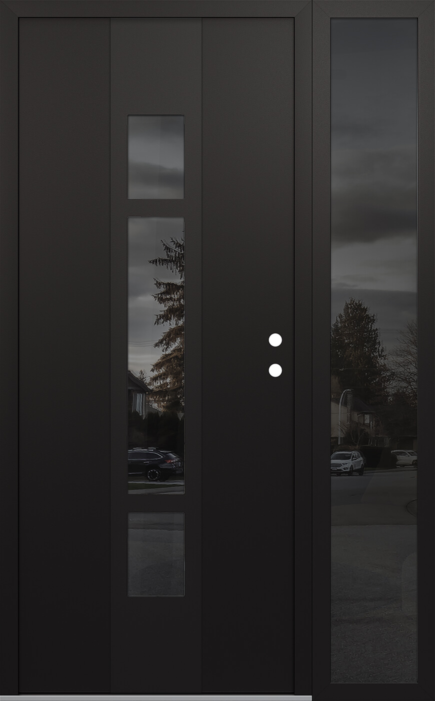 Modern Steel Front Door DIAMOND A9 50" X 80" BLACK/BLACK MIRRORED GLASS PANEL BLACK LHI WITH SIDELITE MIRRORED GLASS