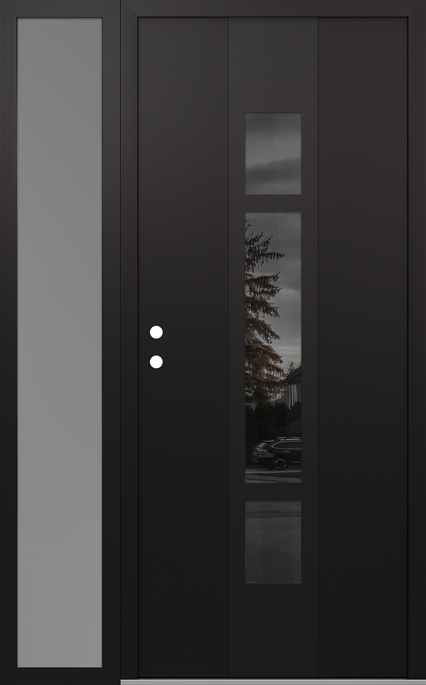 Modern Steel Front Door DIAMOND A9 50" X 80" BLACK/BLACK MIRRORED GLASS PANEL BLACK RHI WITH SIDELITE FROSTED GLASS