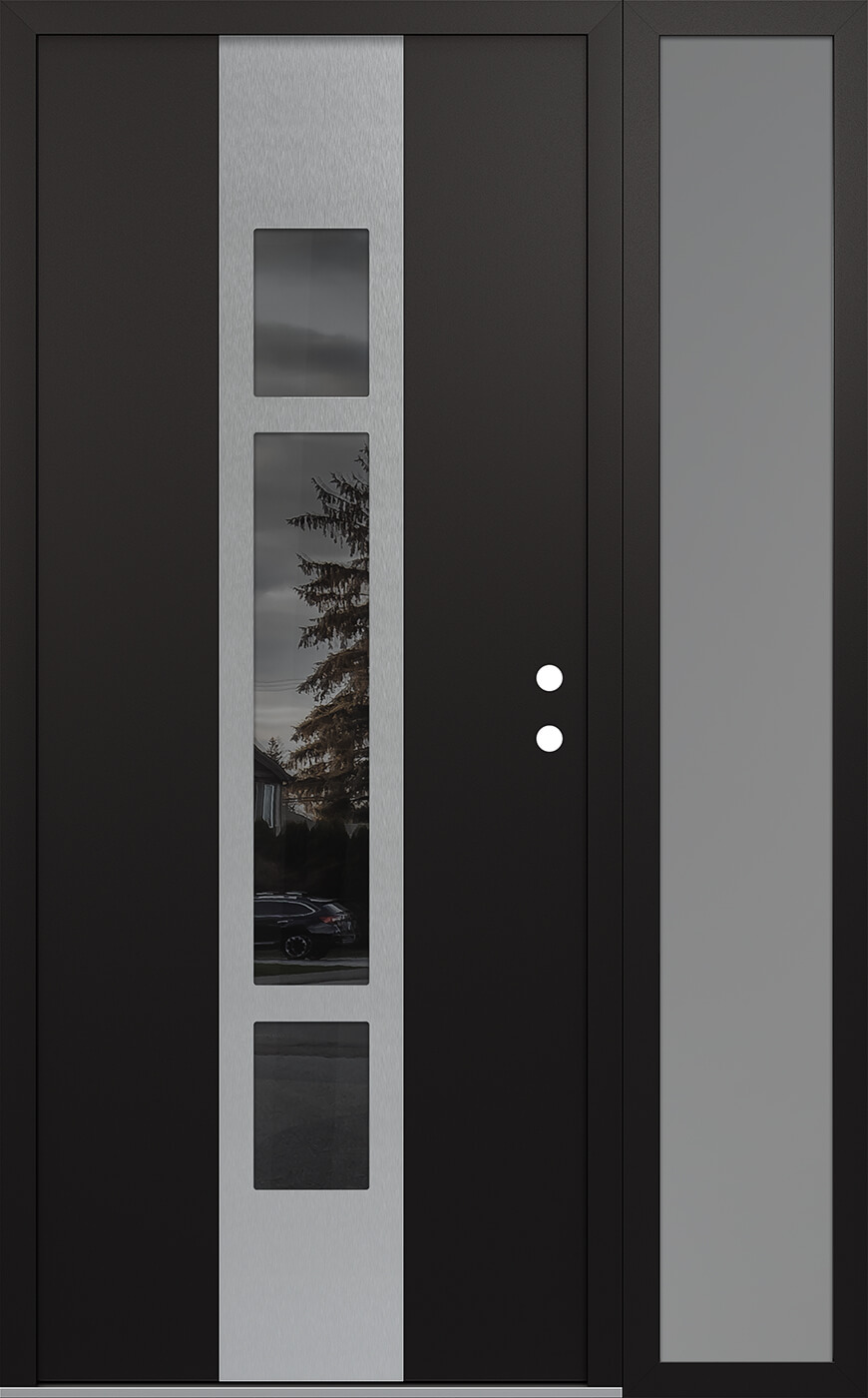Modern Steel Front Door DIAMOND A9 50" X 80" BLACK/BLACK MIRRORED GLASS PANEL STAINLESS STEEL LHI WITH SIDELITE FROSTED GLASS