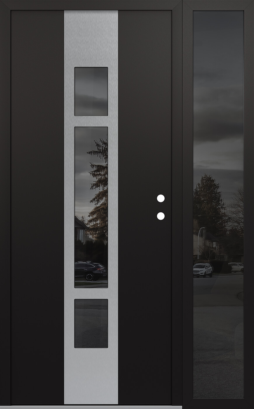 Modern Steel Front Door DIAMOND A9 50" X 80" BLACK/BLACK MIRRORED GLASS PANEL STAINLESS STEEL LHI WITH SIDELITE MIRRORED GLASS