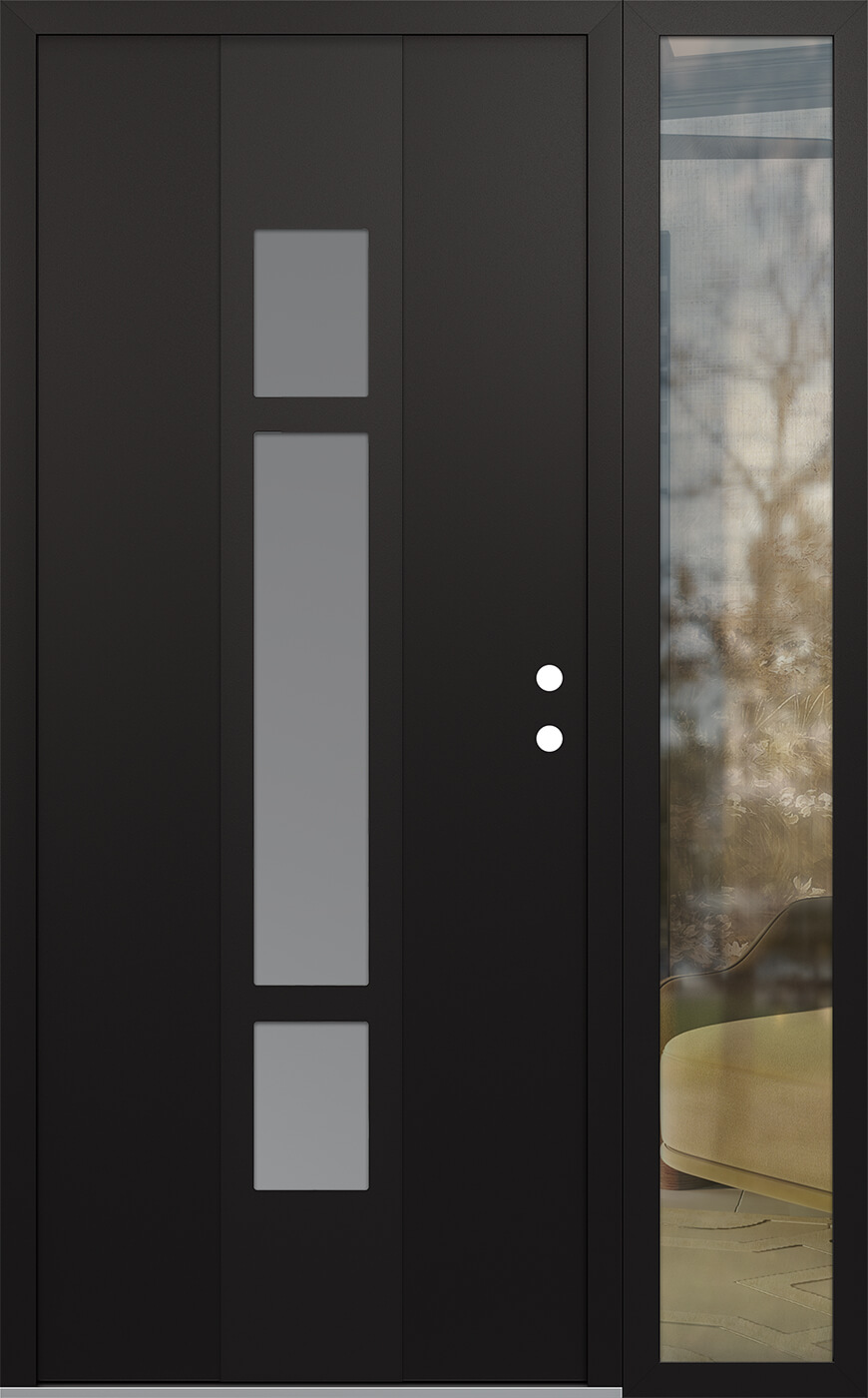 Modern Steel Front Door DIAMOND A9 50" X 80" BLACK/WHITE FROSTED GLASS PANEL BLACK LHI WITH SIDELITE CLEAR GLASS