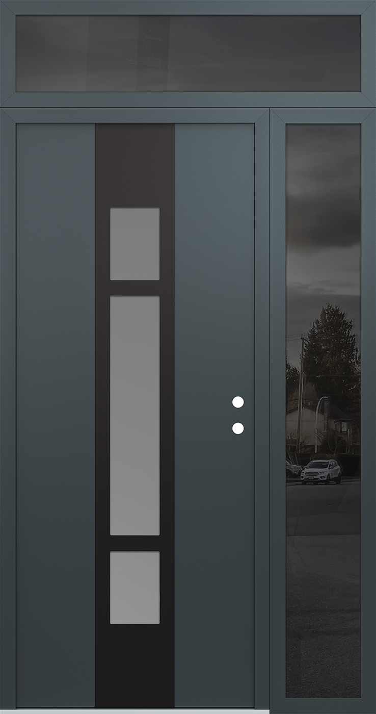 Modern Steel Front Door DIAMOND A9 50" X 96" ANTHRACITE/ANTHRACITE FROSTED GLASS PANEL BLACK LHI WITH SIDELITE AND TRANSOM MIRRORED GLASS