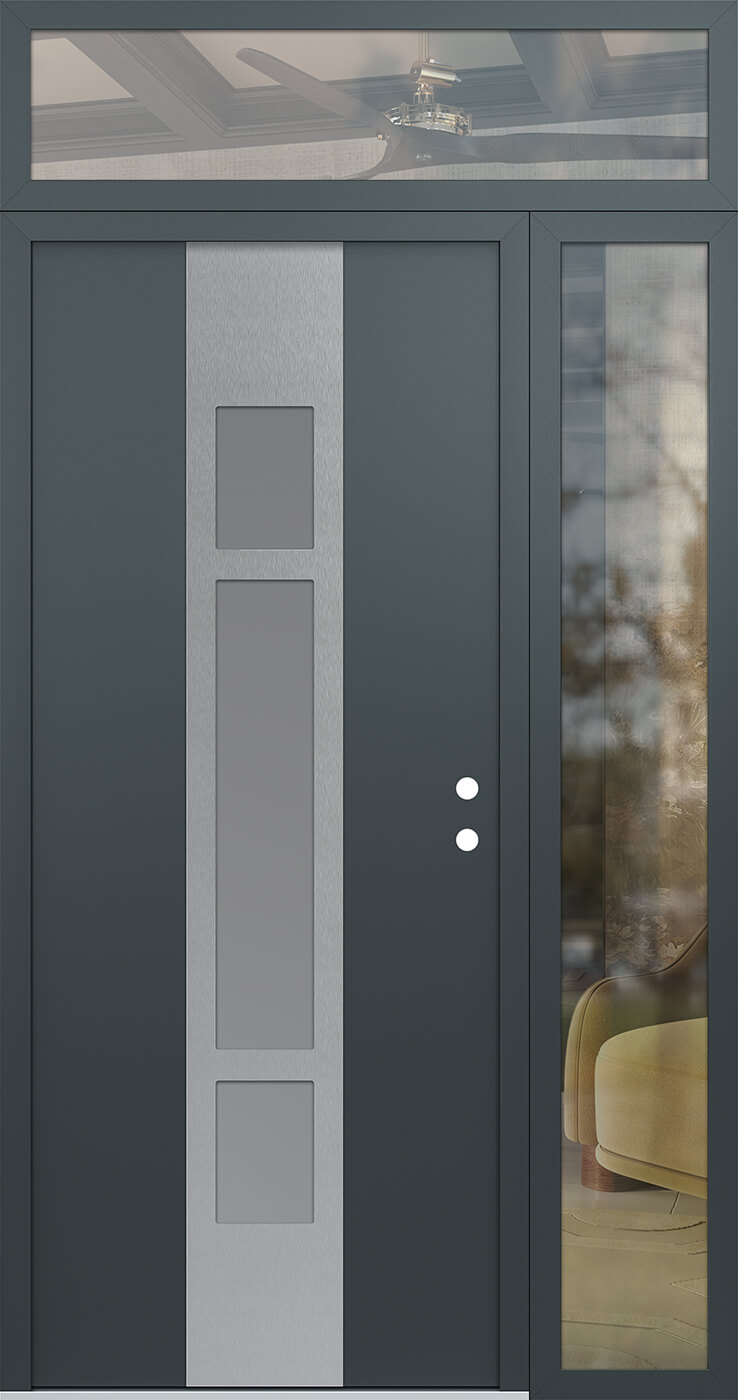 Modern Steel Front Door DIAMOND A9 50" X 96" ANTHRACITE/ANTHRACITE FROSTED GLASS PANEL STAINLESS STEEL LHI WITH SIDELITE AND TRANSOM CLEAR GLASS