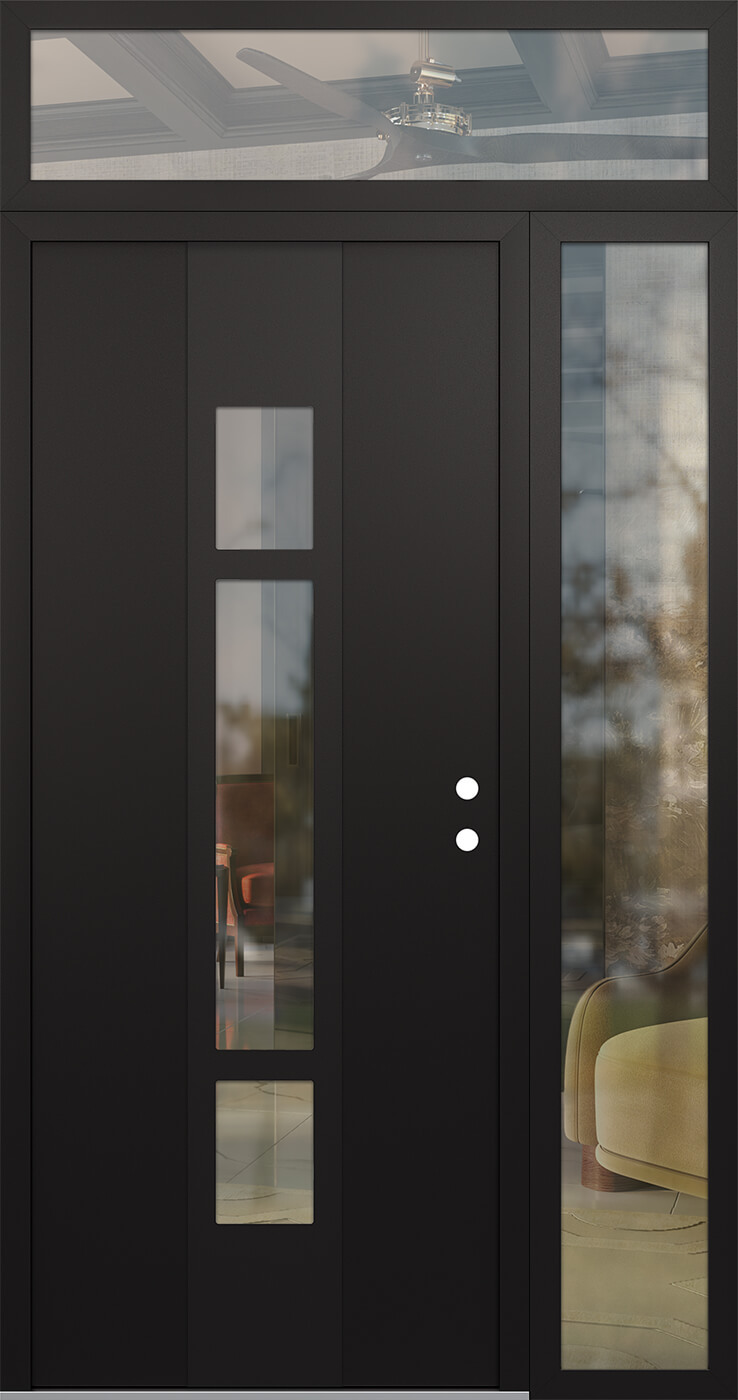 Modern Steel Front Door DIAMOND A9 50" X 96" BLACK/BLACK CLEAR GLASS PANEL BLACK LHI WITH SIDELITE AND TRANSOM CLEAR GLASS