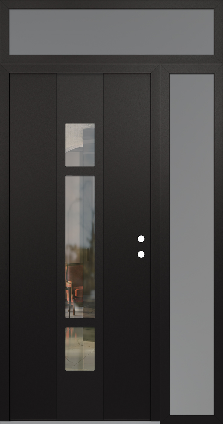 Modern Steel Front Door DIAMOND A9 50" X 96" BLACK/BLACK CLEAR GLASS PANEL BLACK LHI WITH SIDELITE AND TRANSOM FROSTED GLASS